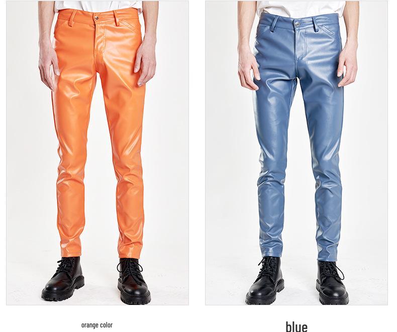 Spring/Summer Men's Slim Fit Elastic Leather Pants - Green Bar Orange, Breathable & Lightweight