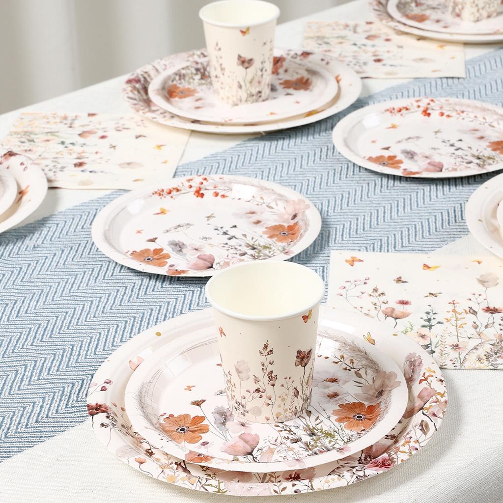Spring Wild Flower Disposable Tableware Birthday Party Decor Wild Floral Paper Plates Cups Napkins Wedding Baby Shower Supplies