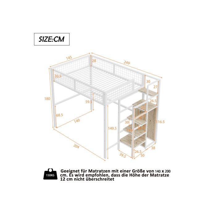 Mezzanino illuminato - MUVOE - 140x200 cm - Metallo bianco - Scala di sicurezza - Contenitore integrato