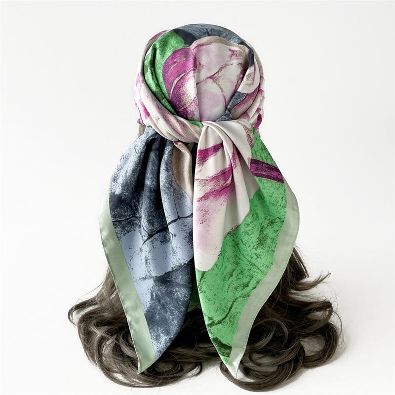 

Women Spain Designer Scarf Vintage Big Rose Floral Silk Scarfs Square Small Handkerchief Neck Snood Bag Hijab 90*90Cm