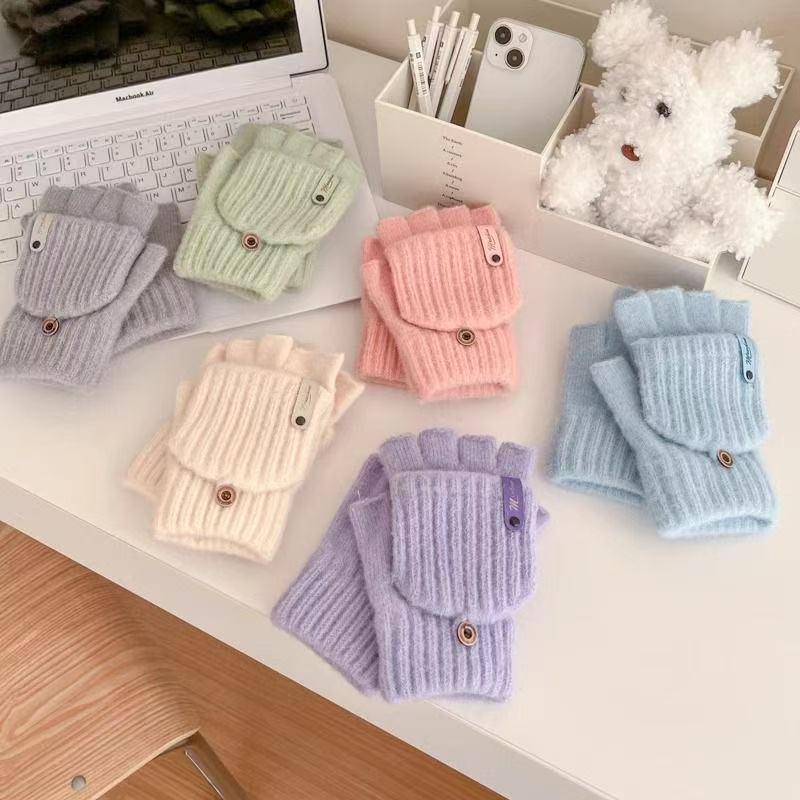 Women's Autumn/Winter Half-Finger Plush Flip Gloves: Warm Knitted, Cold-Proof, Cycling, Touchscreen Compatible