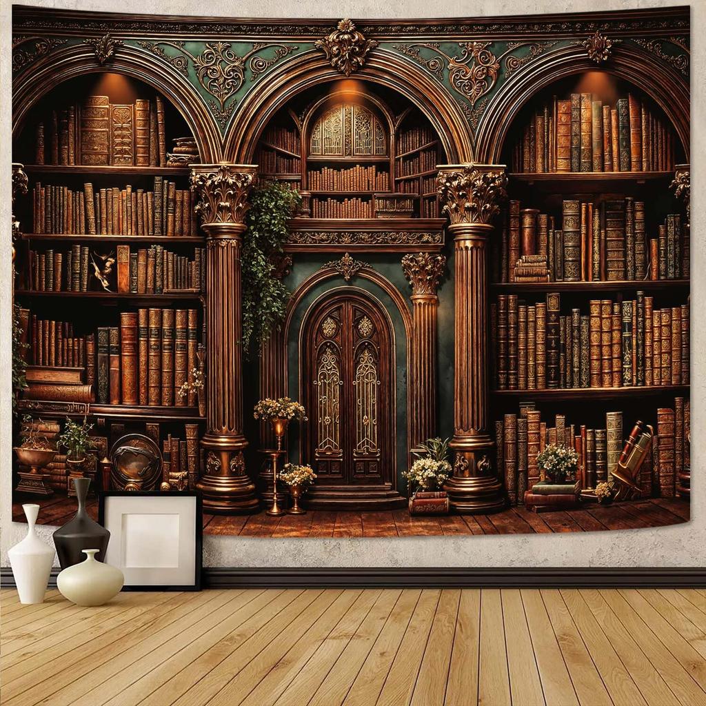Magic Bookshelf Tapestry Gothic Witchy Potion Plant Tapestries Wall Hanging Window Moon Night Library Backdrop Small Tapestry
