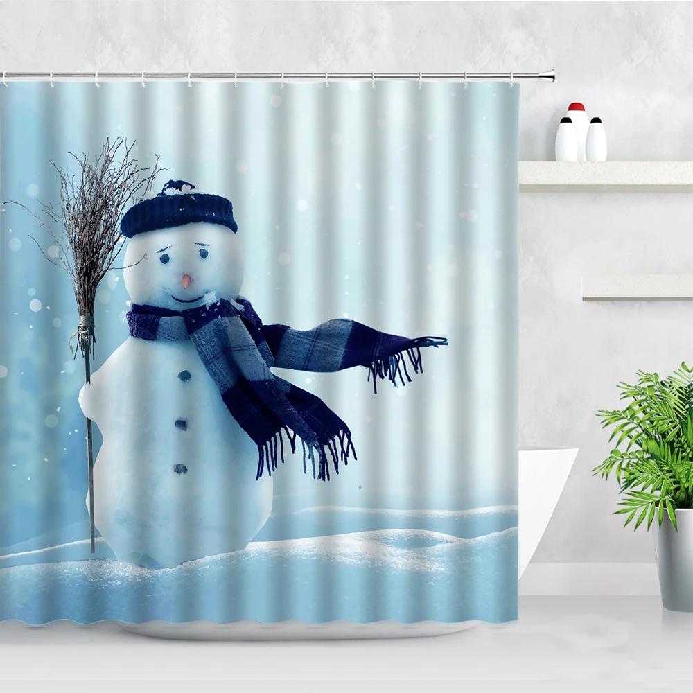 Funny Christmas Snowman Shower Curtains Skiing Winter Forest Color Xmas Ball Gift New Year Bathroom Decor Bath Curtain Set Hooks