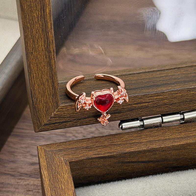 Rose Gold Sweet Cool Girl Wind Crown Red Zircon Love Wings Enamel Open Ring With Diamonds Niche Design Women