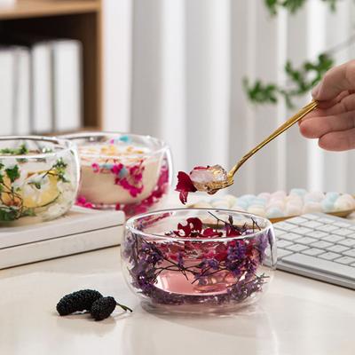 300ml Cam Kase Çift Duvarlı Borosilikat Cam Kase Kurutulmuş Çiçekli Sanatsal Dekoratif Çorba Tatlı Servis Kasesi