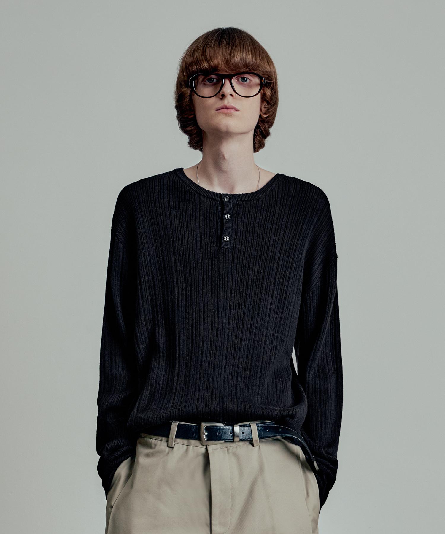 El Mood Vertical Ribbed Henley Neck Long Sleeve Knit Black Black/46