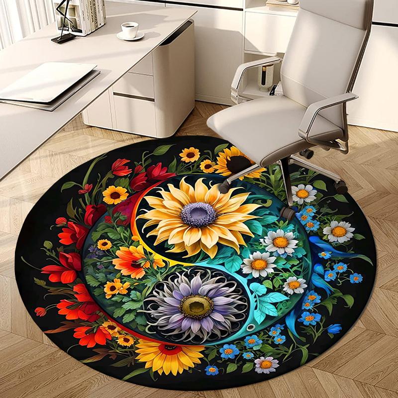 1pc Floral Yin Yang Mandala Round carpet, Made of Polyester,Perfect for Decorating Office Chairs, Living Rooms