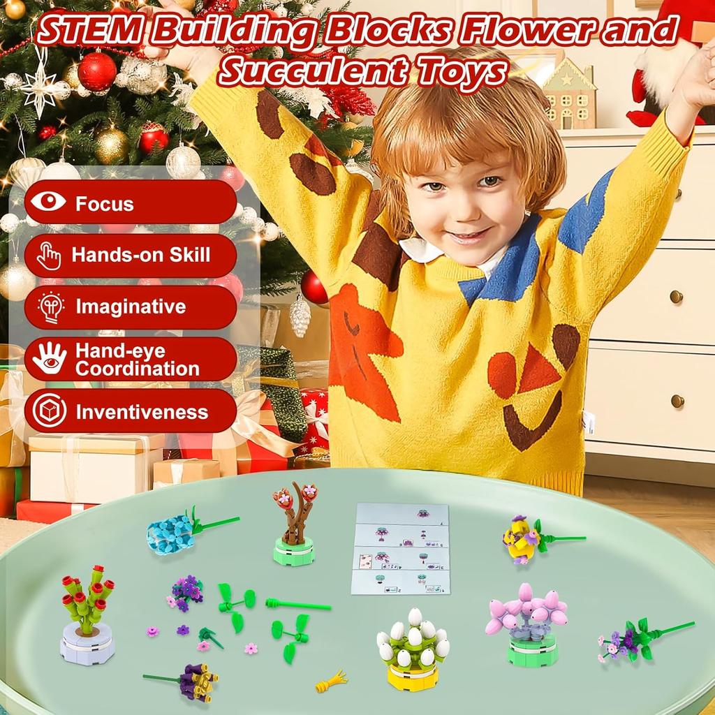 Advent Calendar 2025 24 Kinds of Building Block Flowers and Succulents for Kids, 24 Days of Christmas Countdown Building Blocks