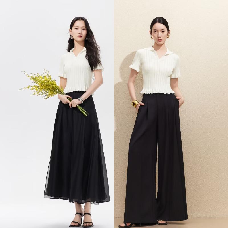 VEROMODA Women's Ribbed Ruffle Lapel Knit Short Top