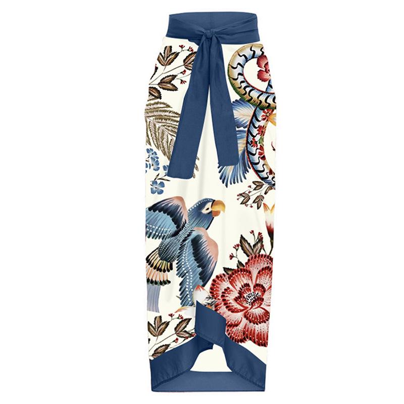 

Европейская и американская трансграничная юбка миди с принтом для отпуска, пляжное платье на завязках One Size темно-синий