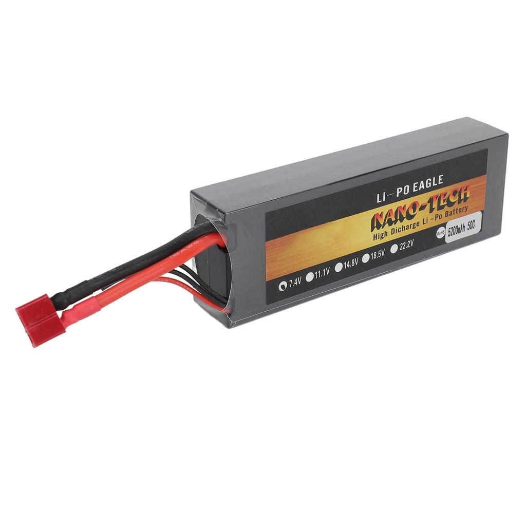 7.4V  Battery 5200mAh 2S 50C Hard Case Lithium Polymer Battery with T Plug for 1/8 1/10 RC Cars