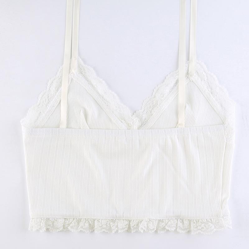 Women Simple Lace Flower Pit Strip Drawstring V-neck Suspender Vest Short Top