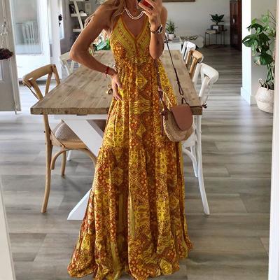 European and American New 2024 Bohemian Style New Suspender Long Dress High Waist V-neck Printed Floral Dress Women's Clothing
