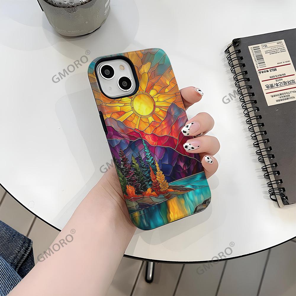 Retro sunset glazed landscape pattern iPhone16 matte two-in-one film mobile phone case Apple 17 foreign trade explosion