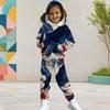 Girls Hooded Long Sleeve Star Firework Printed Dark Blue Two Piece Outfit Kangaroo Pocket Cuffed Pants Set
