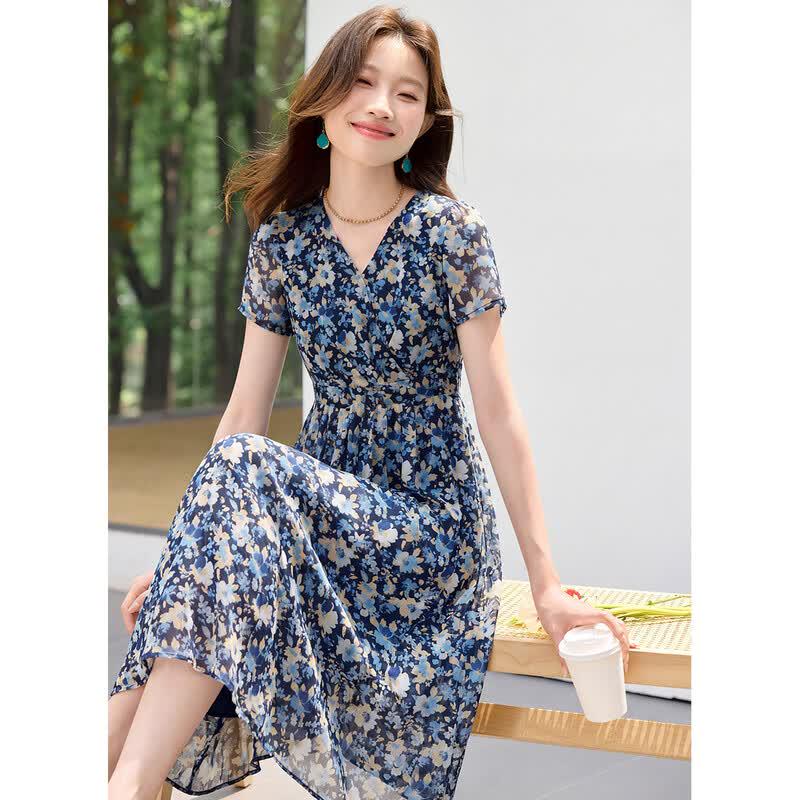 Sanpowa Floral V-Neck Puff Sleeve Midi Dress M