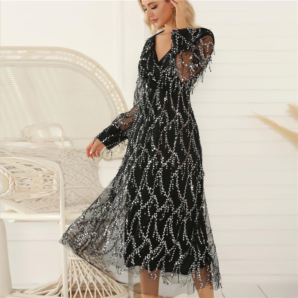 

Spring/Summer 2023 Women s Long-Sleeved Sequin Tassel Dress XXL чорний