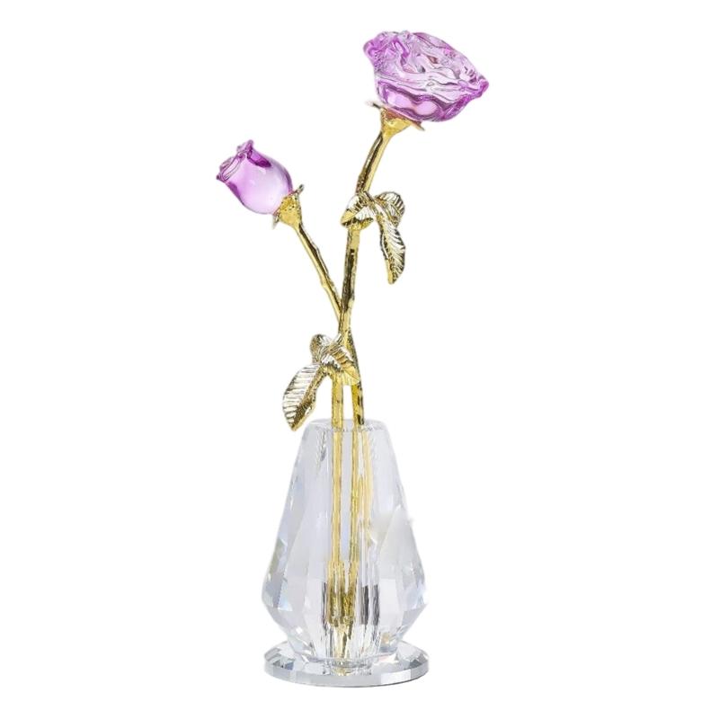 Crystal Rose Sculpture with Vase Collectible Flower Ornament Wedding Anniversary Gift for Home Decoration Accent