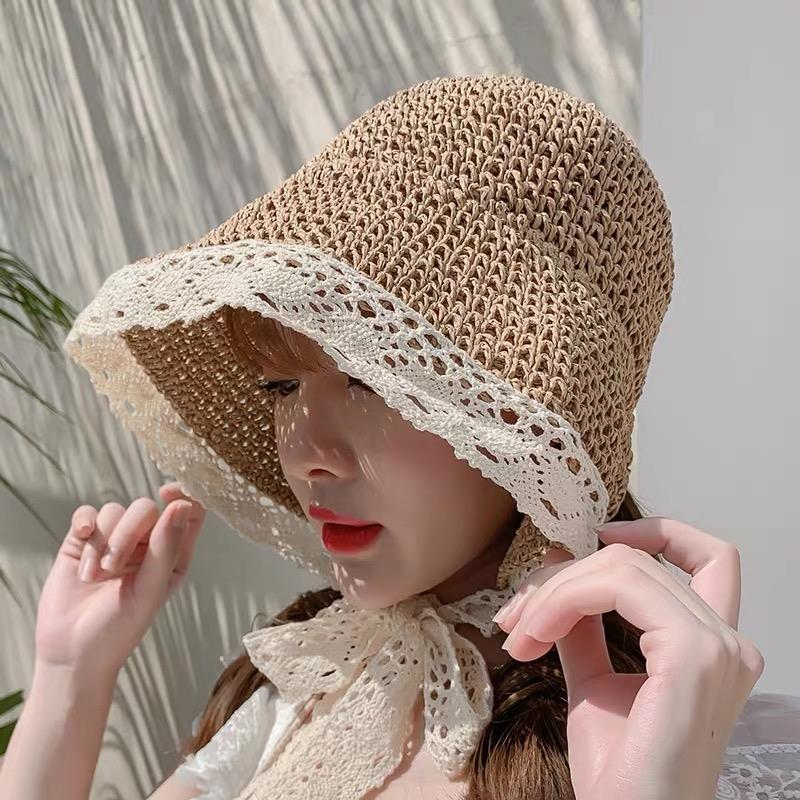 Straw Hat Female Summer Lace Tie Beach Hat, Small Fresh Seaside Outing Vacation Sunscreen Sun Hat