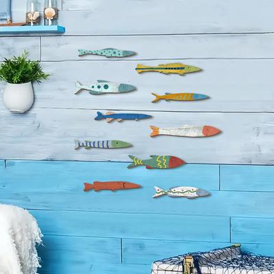 10 Pcs Wooden Fish Wall Decor Hanging Coastal Beach Wall Art for Ocean Nautical Decor Vintage Fish Wall Sculpture for Lake House Bathroom Living Room