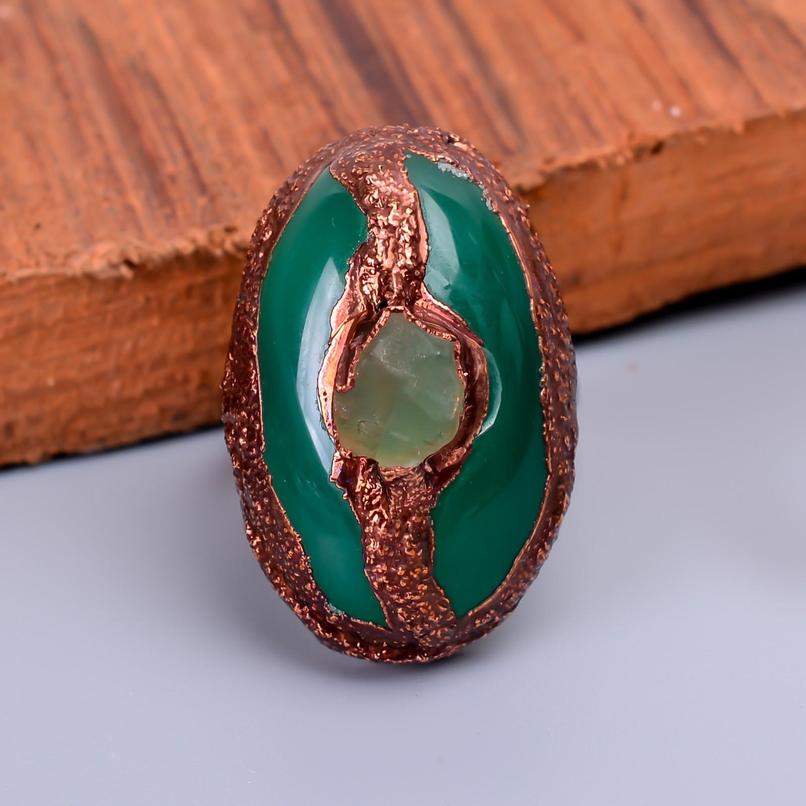 

Зеленый Халцедон Камень Медь Вечность Ручной работы Ручной работы Электроформованное Кольцо V-63