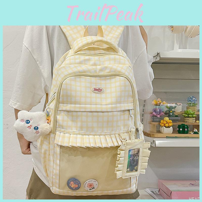 Checkered Pattern Sweet Lace Design Student Backpack With Plush Decor Pendant