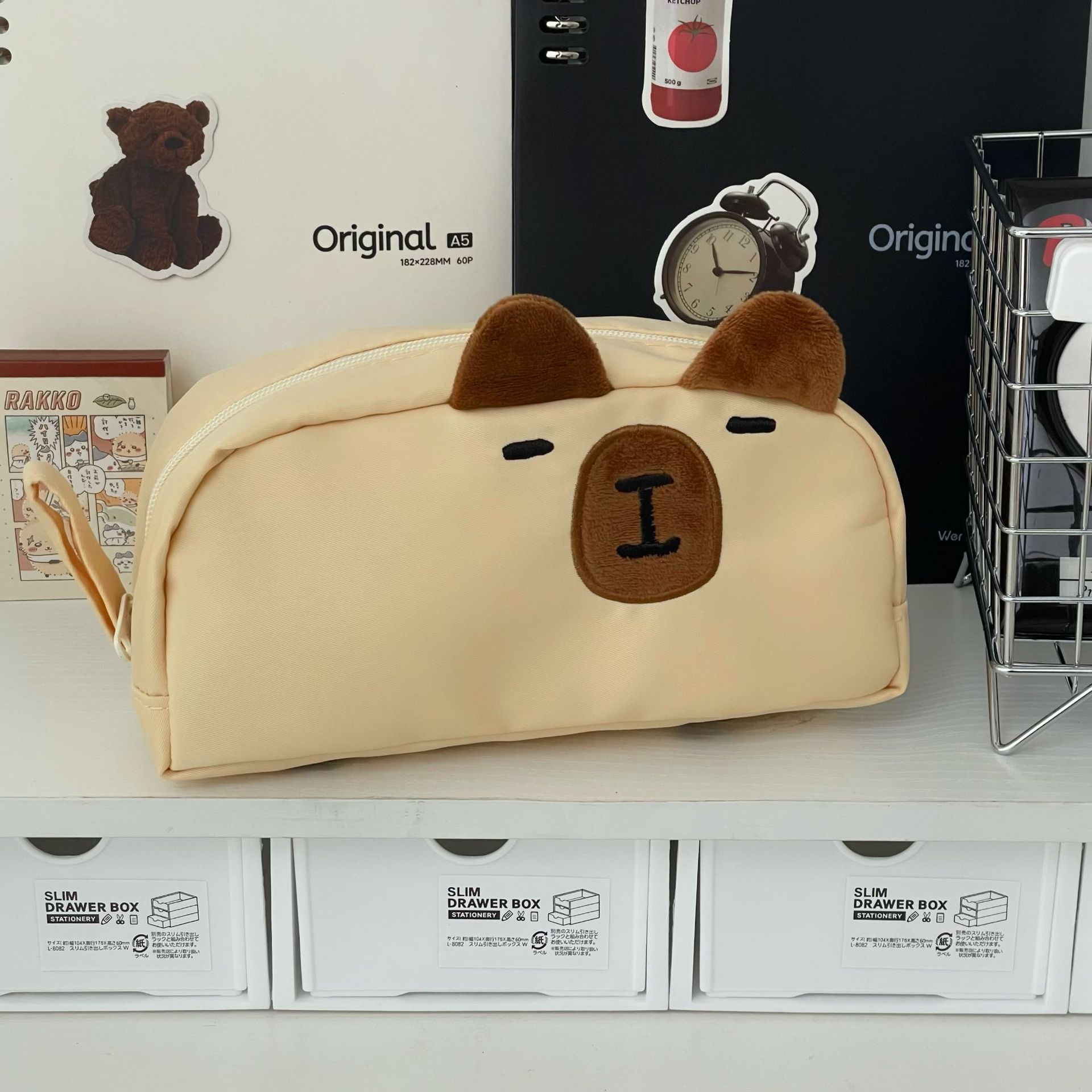 

Fashion Pencil Case for Kids Cute Cartoon Embroidery Capybara Kitten Pencil Pouch Large Capacity Stationery Storage Bag