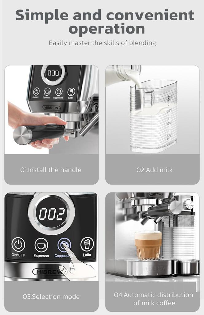 HiBREW H13A 3 v 1 Poloautomatický kávovar, 6 kávových režimů, Extrakční tlak 20 barů, Odnímatelná nádržka na vodu 1,3 l, 51mm rukojeť z hliníkové slitiny