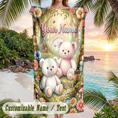Teddy Bear Theme Beach Towel Personalized Custom Name & Text Soft Quick Dry Beach Towel for Swimming Travel