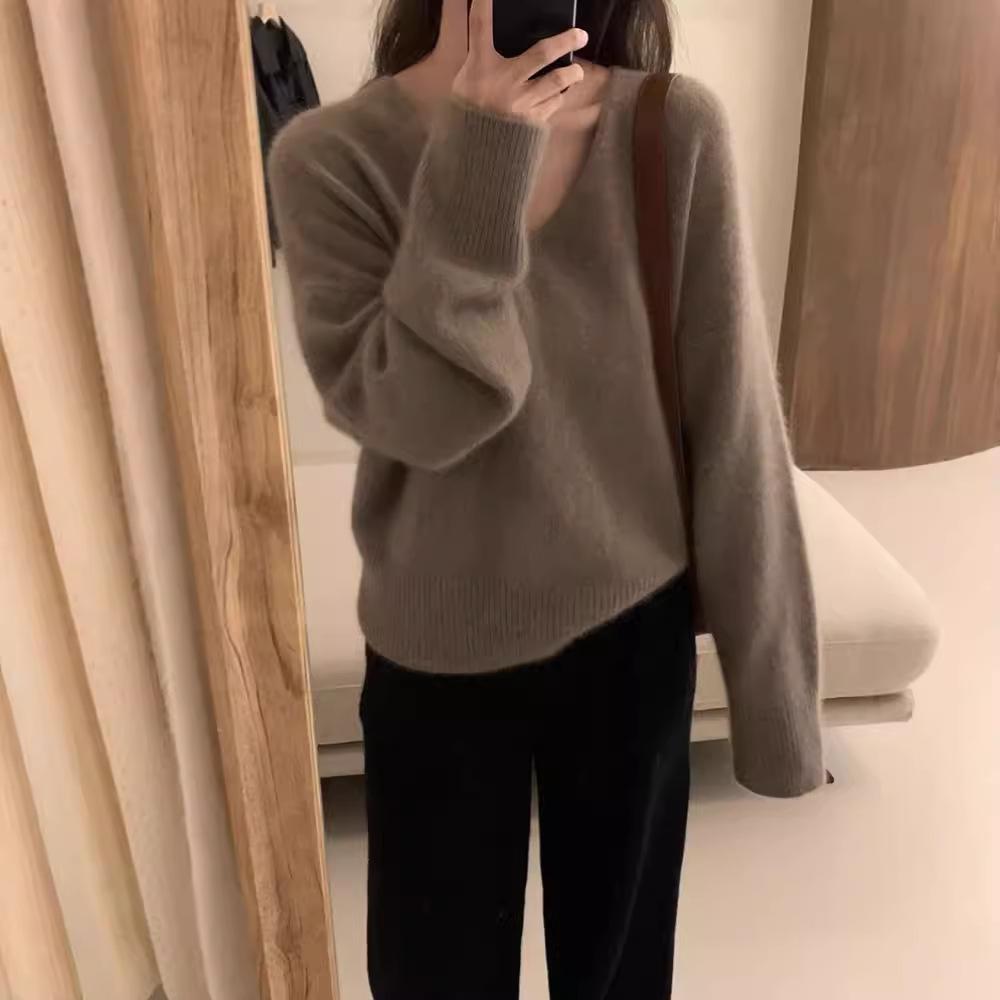 Women's V-neck Knitted Sweater Thick Autumn and Winter Loose Lazy Sweater Pullover Sweater