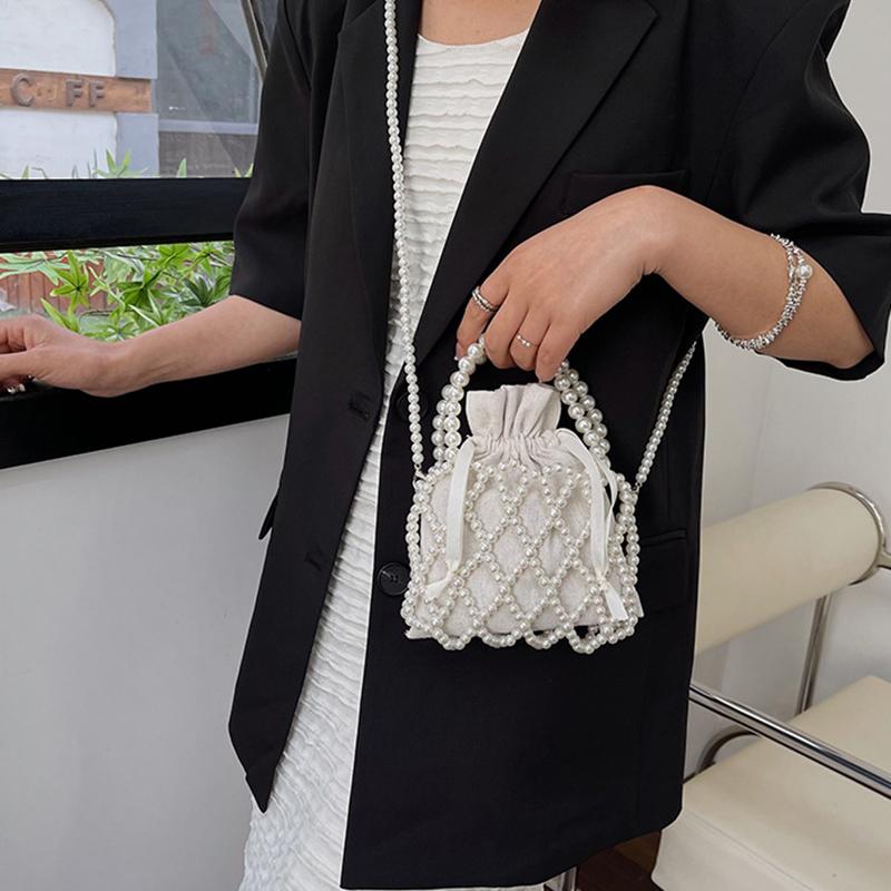 Vintage Top Handle Pearl Women Handbag Summer Hollow Out Beach Bucket Girl Shoulder Crossbody Bag