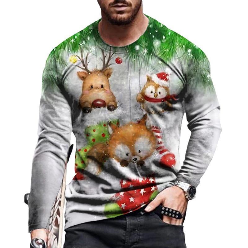 Round Neck 3D Christmas Pattern Top Casual Long Sleeved Men's T-shirts - Soft Medium Stretch Polyester Fabric Spring and Autumn Relaxed Fit Clothing