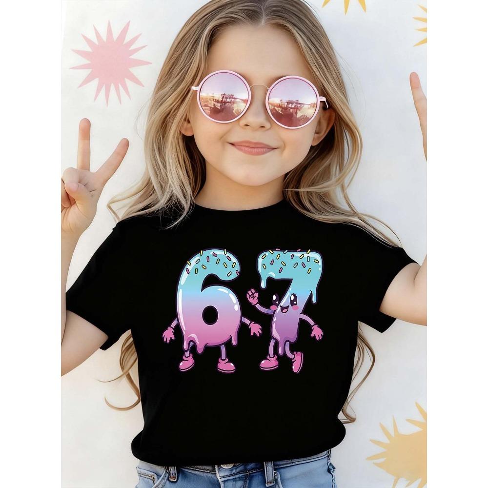 

Cool 67 Small Portrait Pattern Printed 1-Piece Casual Sports Short Sleeve Girls T-shirt, 2026 New Short Sleeve 120 чорний