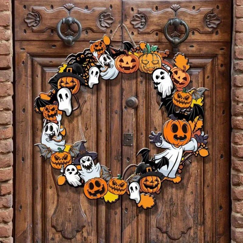 1/2pcs Halloween Pumpkin Bat Ghosts Wreath Wooden Tag Indoor Outdoor Pendant For Festive Party Doors Windows Home Decoration