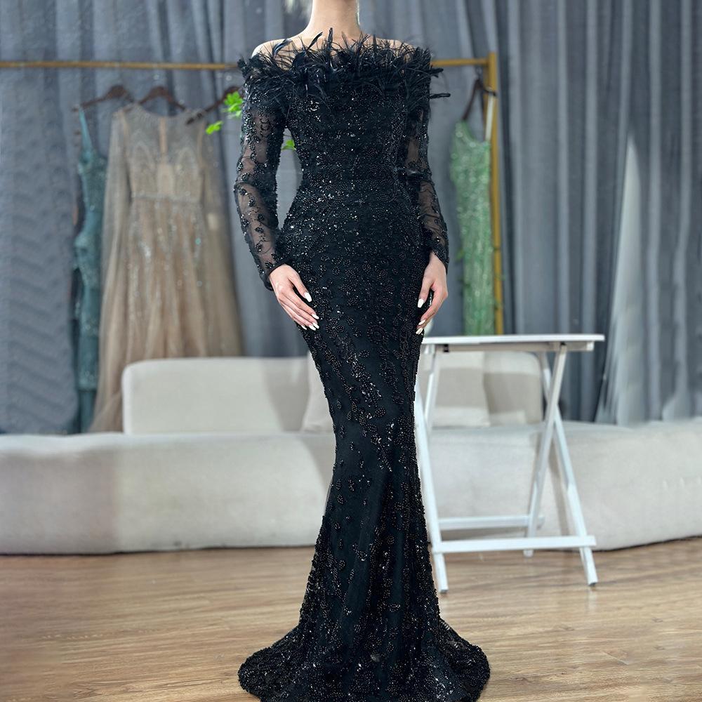 25 Foreign Trade Black Shoulder Feather Fish Tail Dress Light Luxury Elegant Temperament Celebrity Banquet Host Evening Dress S чёрный