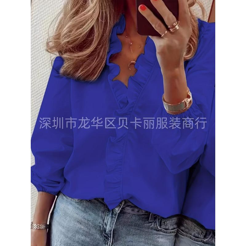 Wish spring and summer new long-sleeved ruffle shirt women's shirt