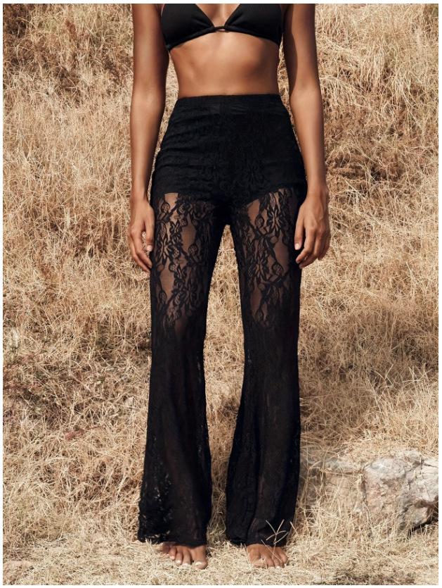 Pantalon Évasé Sexy Transparent en Dentelle Taille Haute Style Européen 2026 pour Femmes