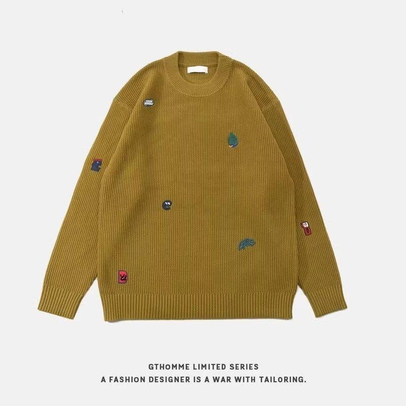 Herren Rundhalspullover Frühling und Herbst Jugend Lose Top Stickerei Reine Farbe All-Matching Herren Langarmshirt