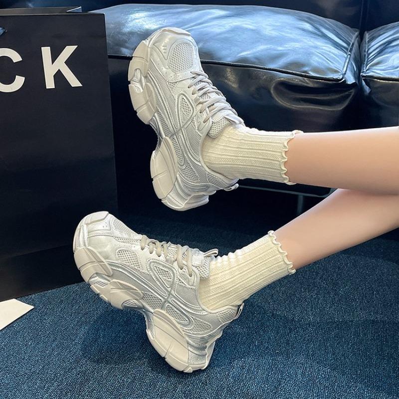 Casual Sport Shoes Women's Mesh Laced Versatile Leisure Sneakers Fashion Color Block Flat Top Boots round Toe Rubber Outsole