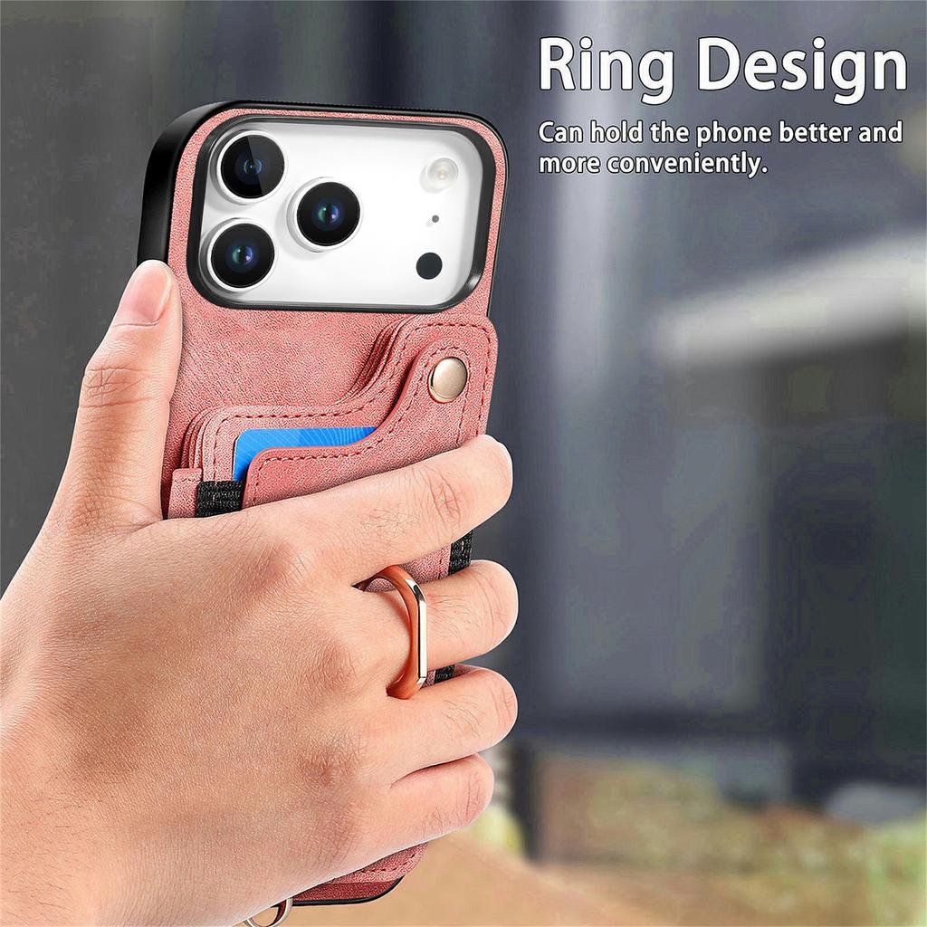 For iPhone 17 Pro Retro PU Leather Case Phone Cover with RFID Blocking Card Holder   /   Ring Holder