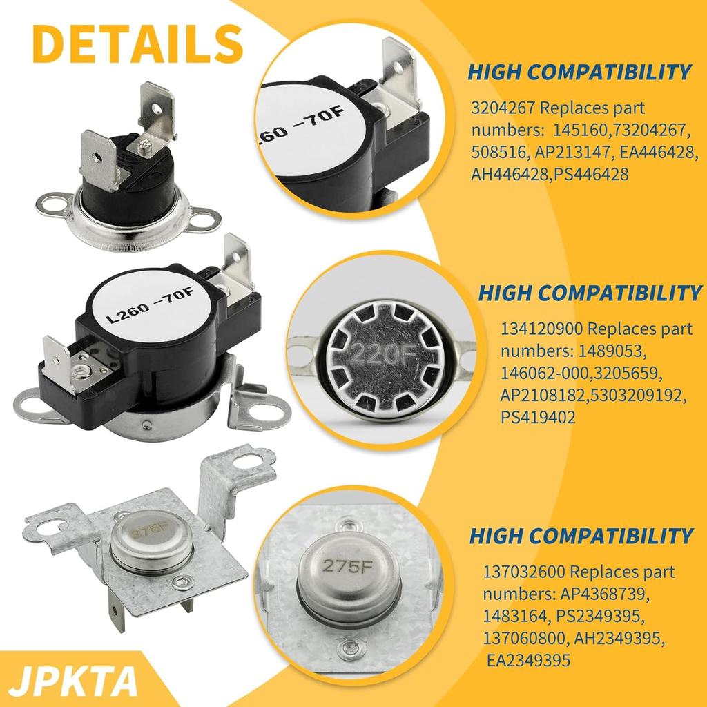 137032600 134120900 Dryer Thermal Limiter 3204267 Thermostat Replacement Part Compatible with Frigidaire Electrolux Kenmore Dryers - Repalces 1489053