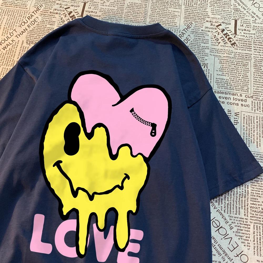 Melting Happy Face And Hurting Heart T-Shirts Couple Breathable O-Neck Tshirt Loose Clothes Oversized Summer T-Shirts Cotton Tee