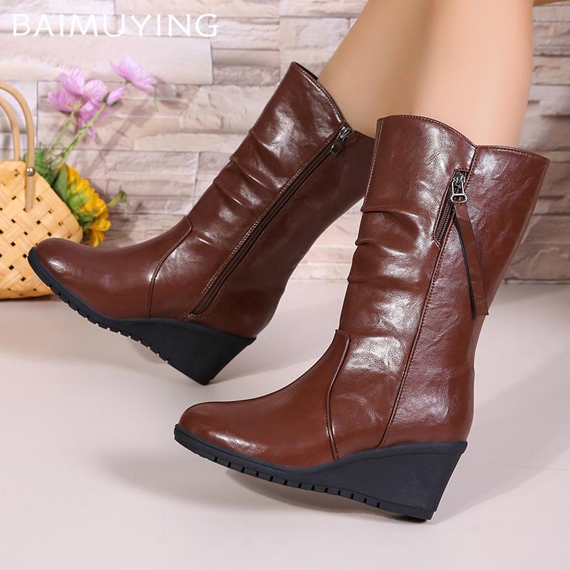 Leather Women Wedges Mid Calf Shoes Designer Retro Zippers Mid Heels Shoes New Brand 2025 Trend Winter Classic Goth Botas Mujer