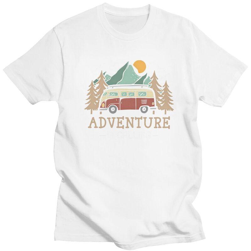 Male Happy Camping Mountains Adventure Is Calling T Shirts Short Sleeves Cotton Tshirts Anniversary Birthday Gift Casual Tees