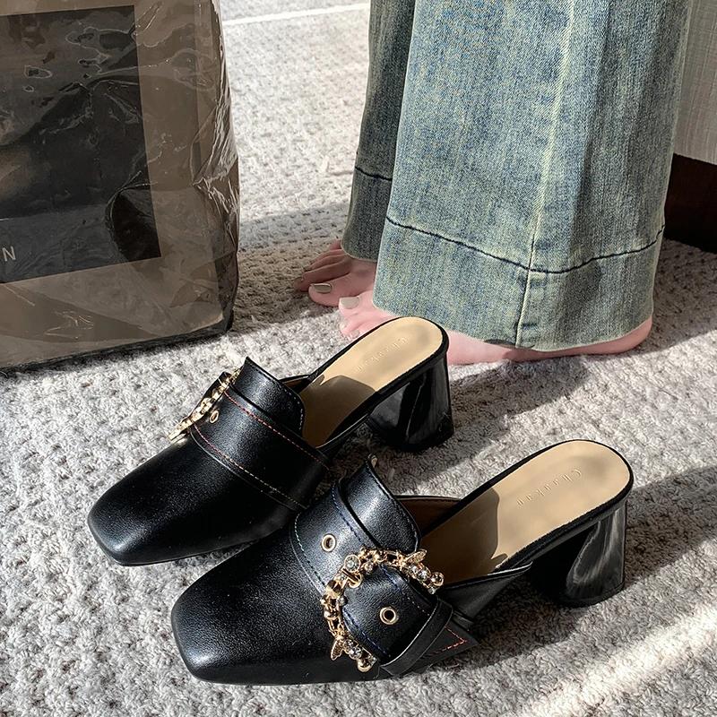 Fashion 2025Large Size Sandals Women's Head Thick Heels Spring and Summer New Wear Fashion Baotou Belt Buckle Muller Half Sandals