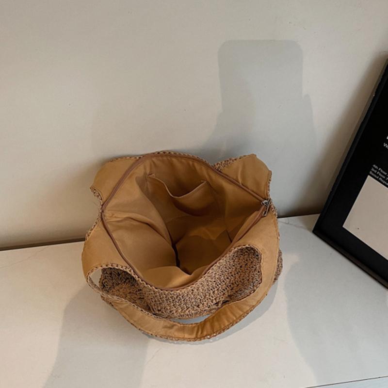 Yogodlns Large Straw Beach Bag with Zipper Summer Shoulder Bag Handbag Hobo Bag Shoulder Purse for Women Travel Vacation