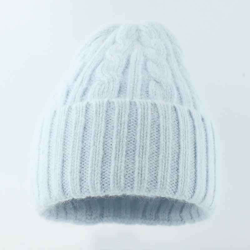 Womens Winter Angora Knit Beanie Hat With Long Rabbit Fur Trim Cable Rolled Edge Solid Color Warm Cozy