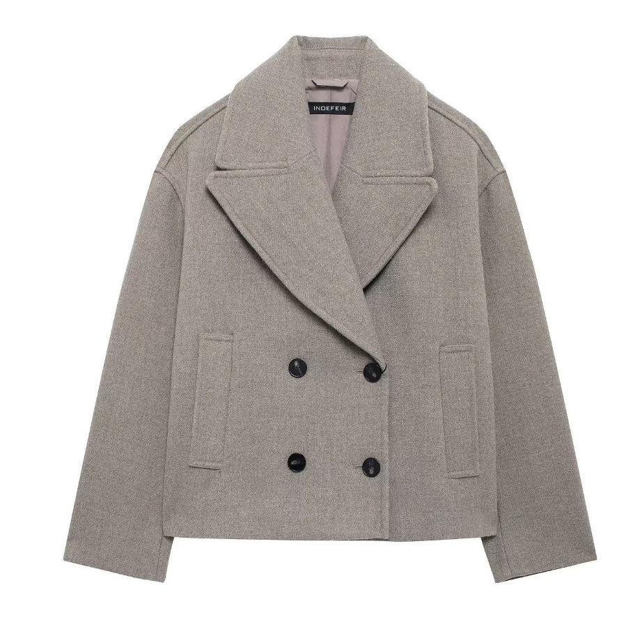 Women'S Double-Placket Wool-Blend Double-Breasted Short Coat