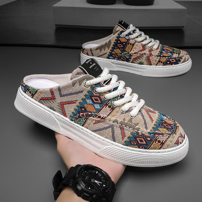 2025 Summer New Half-tray Men's Board Shoes One Pedal Half-drag Mesh Breathable Lazy Casual Canvas Trend Shoes