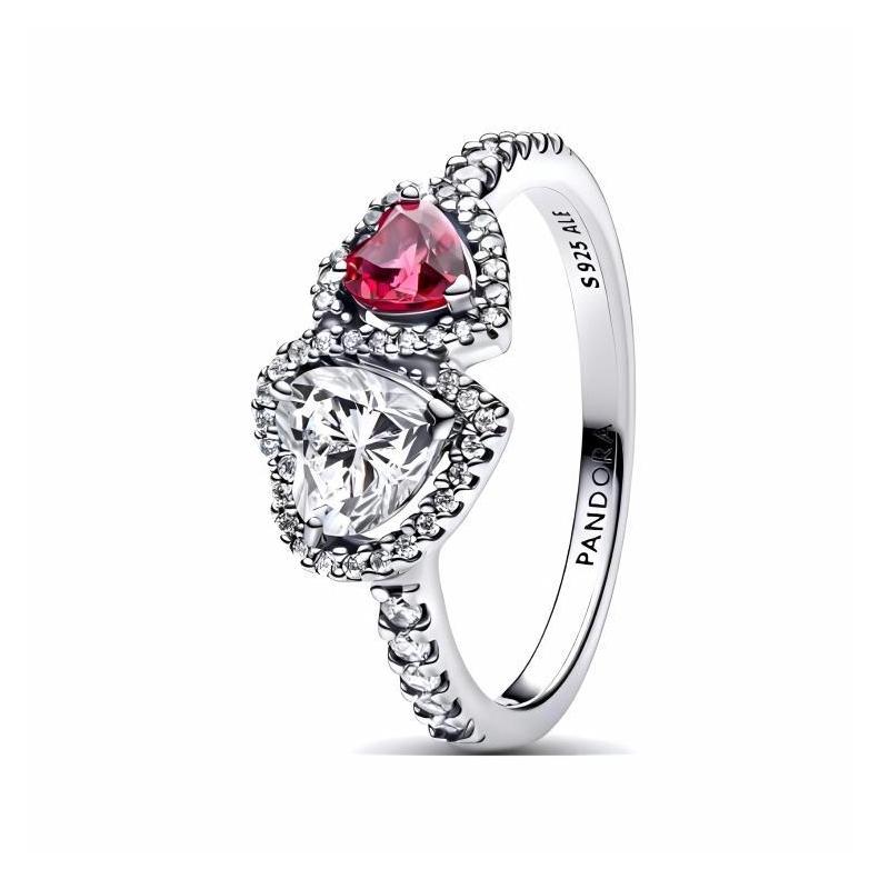 Pandora Double love heart contrasting design 925 silver glass synthetic cubic zirconia ring women s silver 193662C01 серебряный